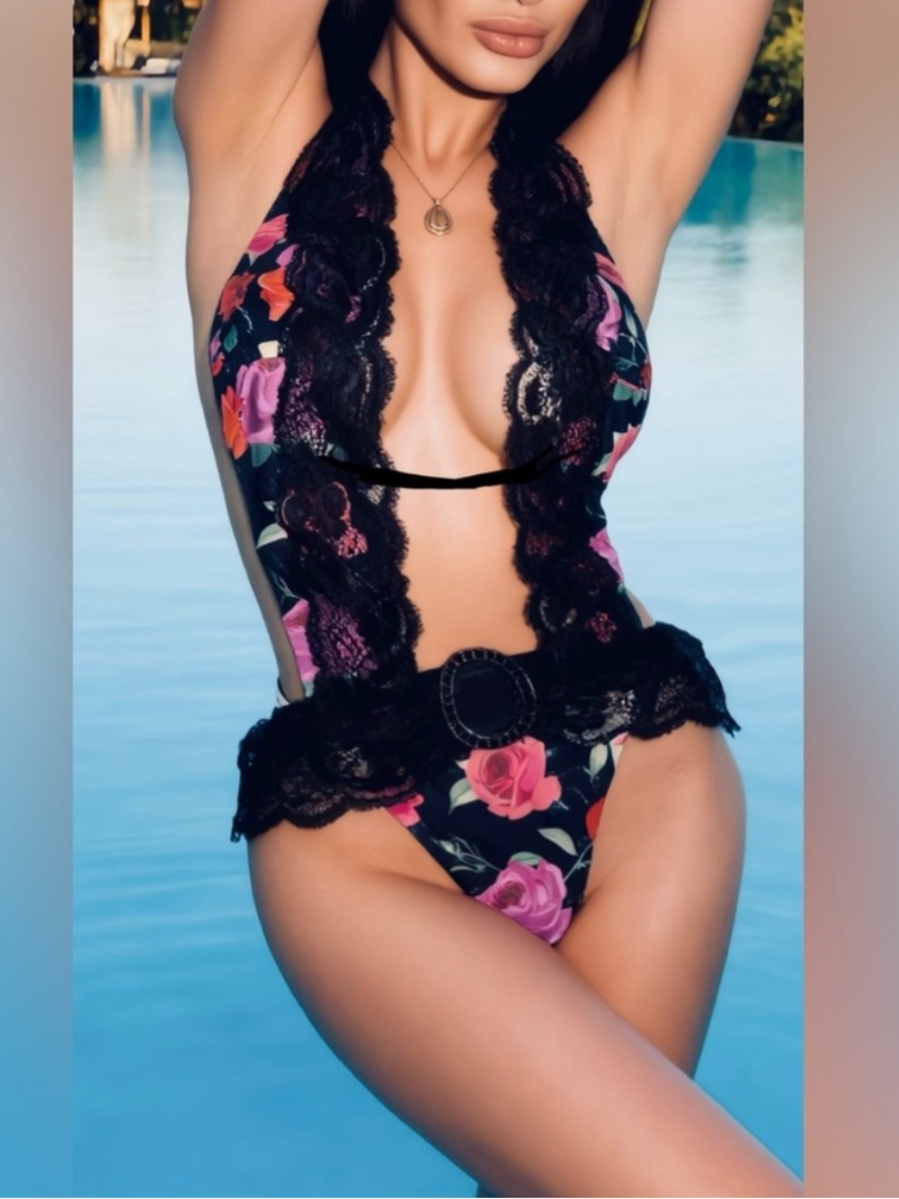 Beach Bunny LARGE Black Floral Lace One-Piece Monokini